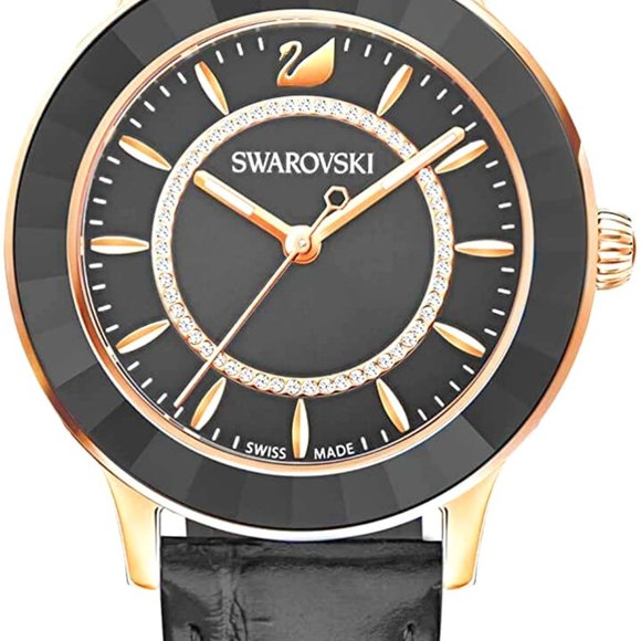 SWAROVSKI Crystal Octea Lux Watch, Leather Strap, Black, Rose Gold Tone NWT